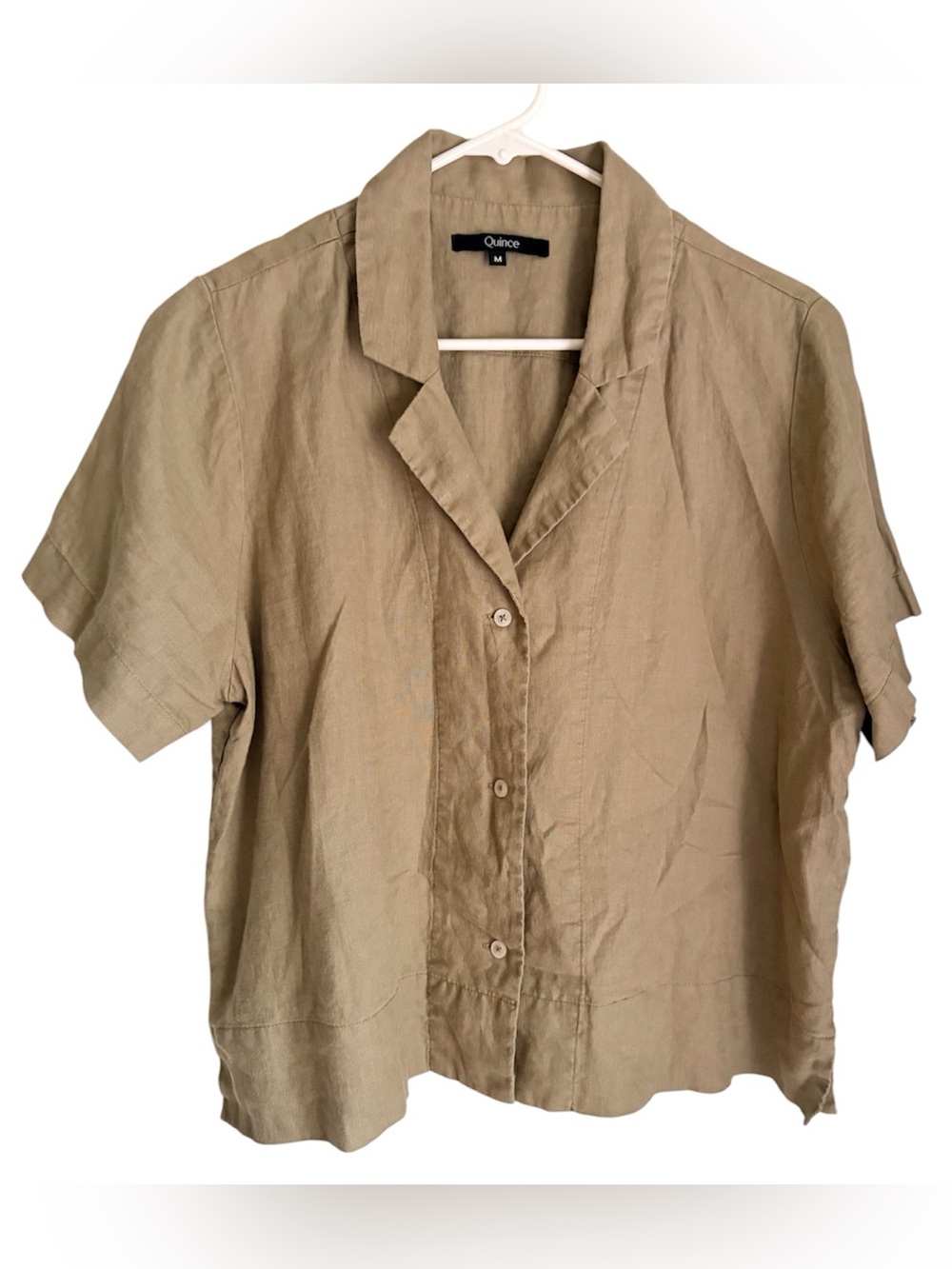Quince Women’s Olive Green Button Down Blouse Top Casual Boxy Linen Size M